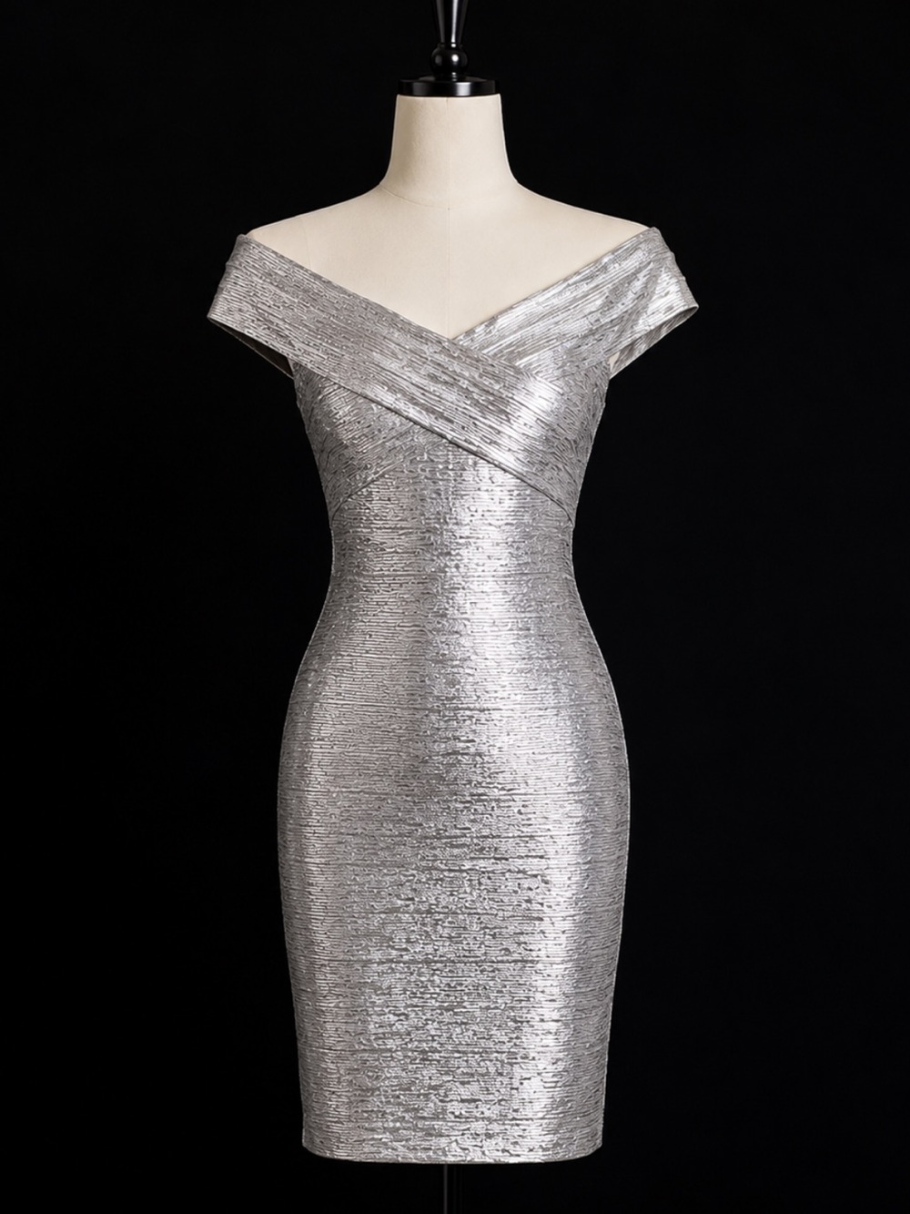 bebe Silver Off-Shoulder Metallic Sheath Mini Dress